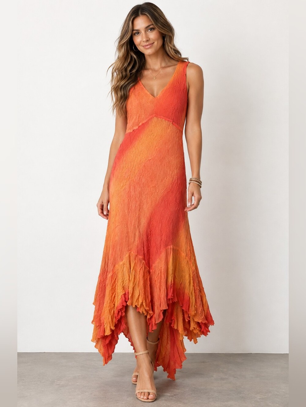Komarov Orange Ombre Crinkle Maxi Dress Asymmetrical Ruffle Hem Boho M/L